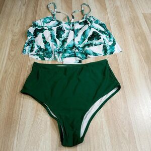 Peddney Womens Sz Medium‎ Green Leaf Ruffle Flounce High Waisted Bikini Swimsuit